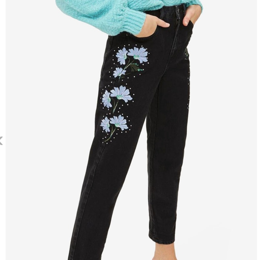 TopShop Embroidered Black High Waisted Mom Jeans